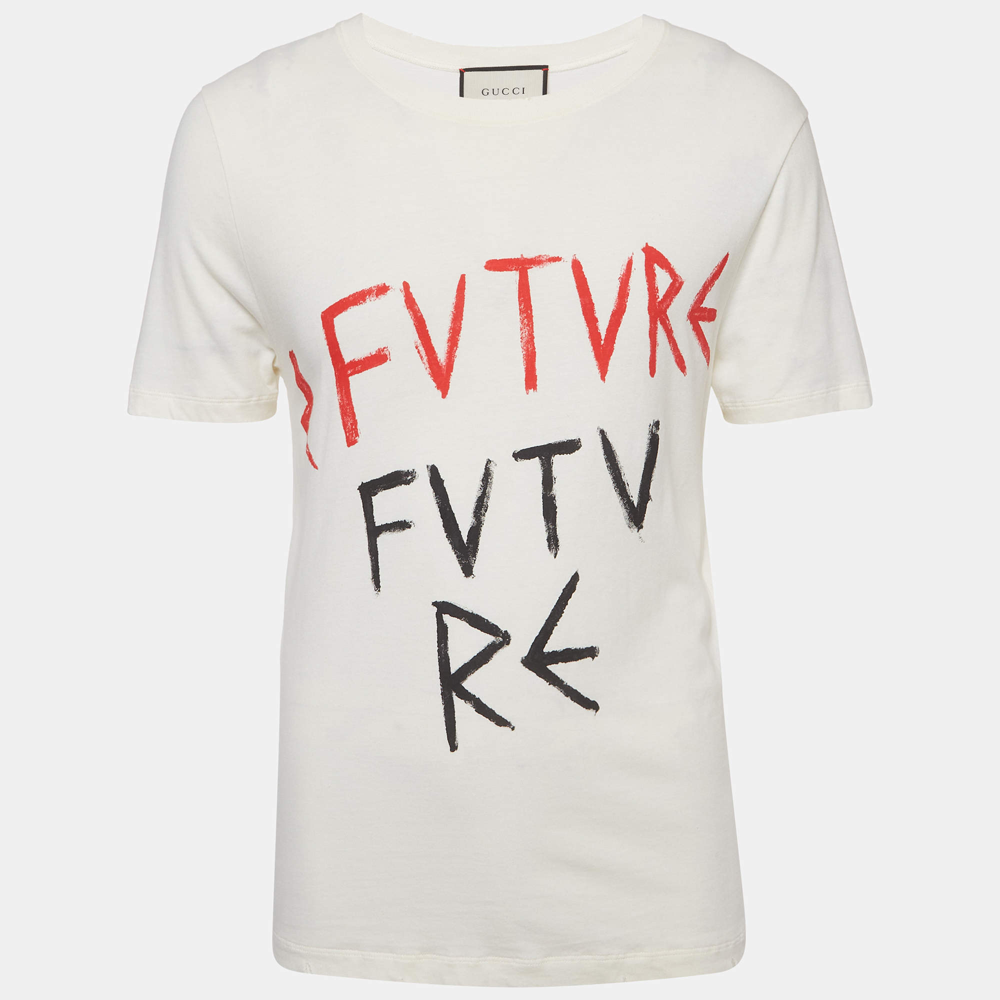 مملوكة مسبقًا Gucci Cream Printed Cotton Short Sleeve Distressed T-Shirt S