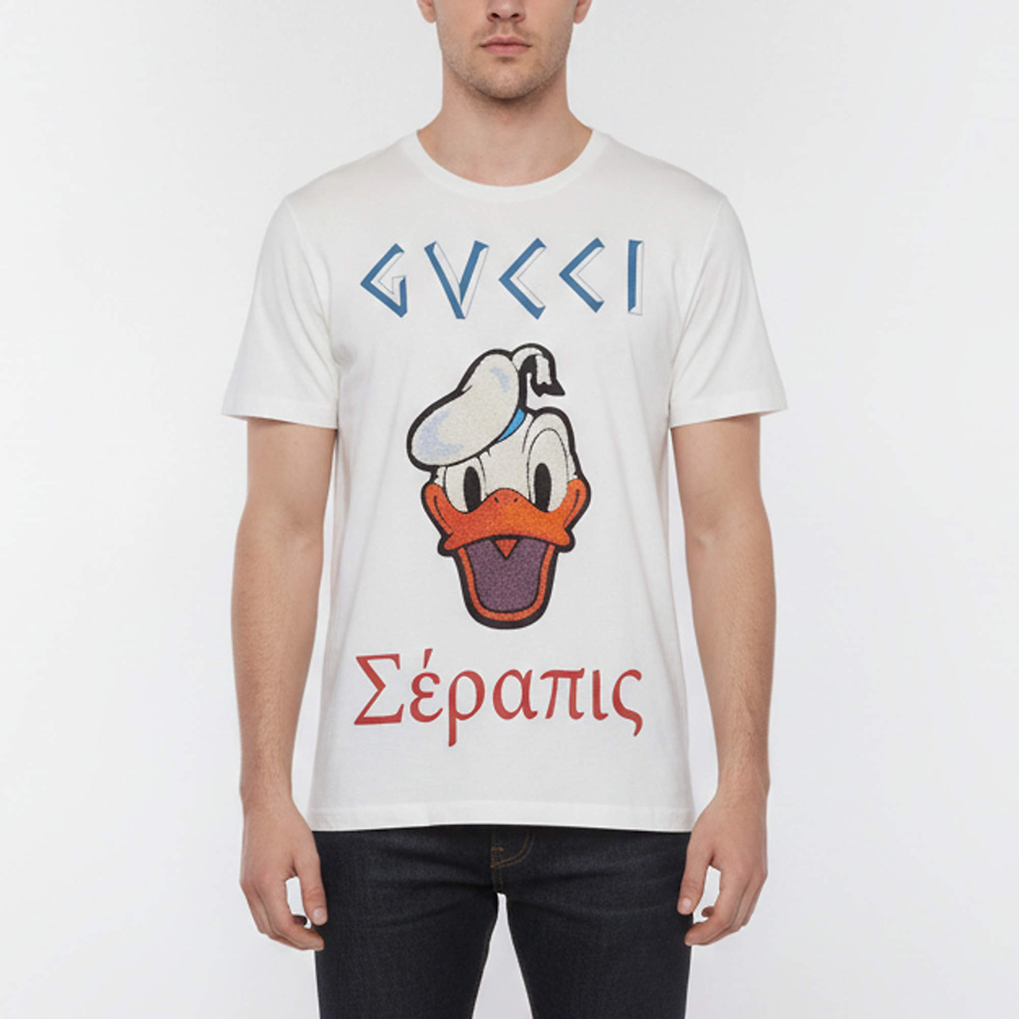 Pre Owned Gucci X Disney White Donald Duck Embroidery Jersey Distress T-Shirt XS