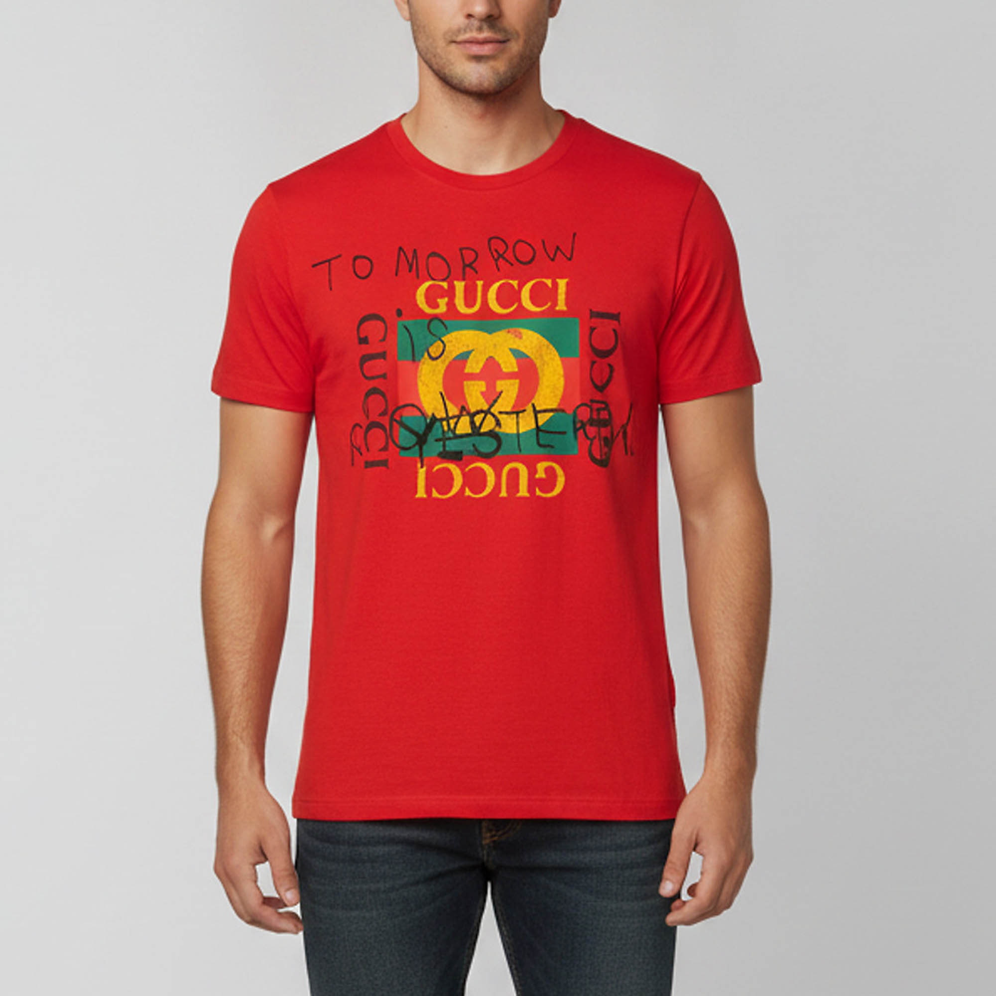 مملوكة مسبقًا Gucci Red Printed Jersey Short Sleeve Crewneck T-Shirt S