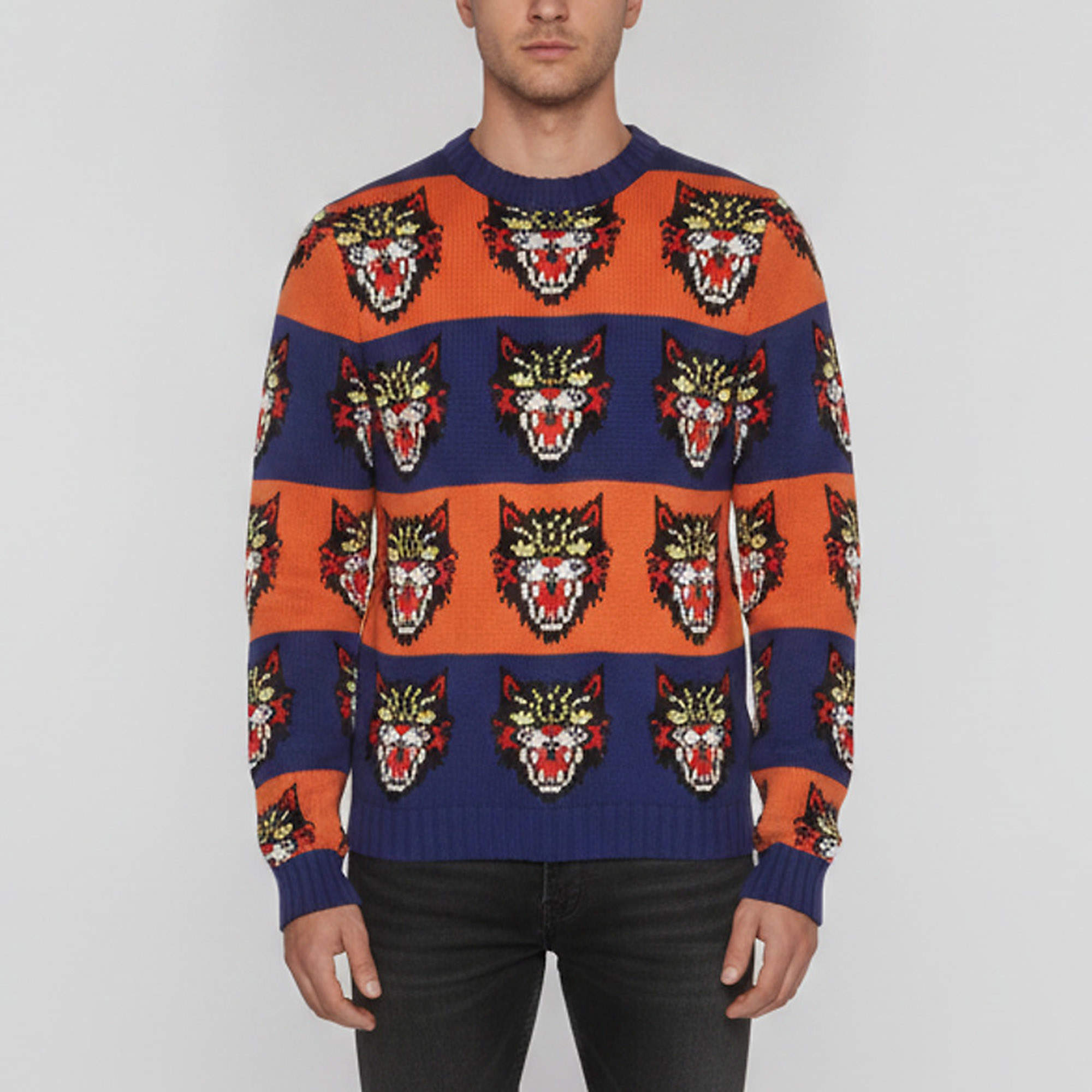 Pre Owned Gucci Multicolor Stripe Intarsia Knit Angry Cat Sweater XS