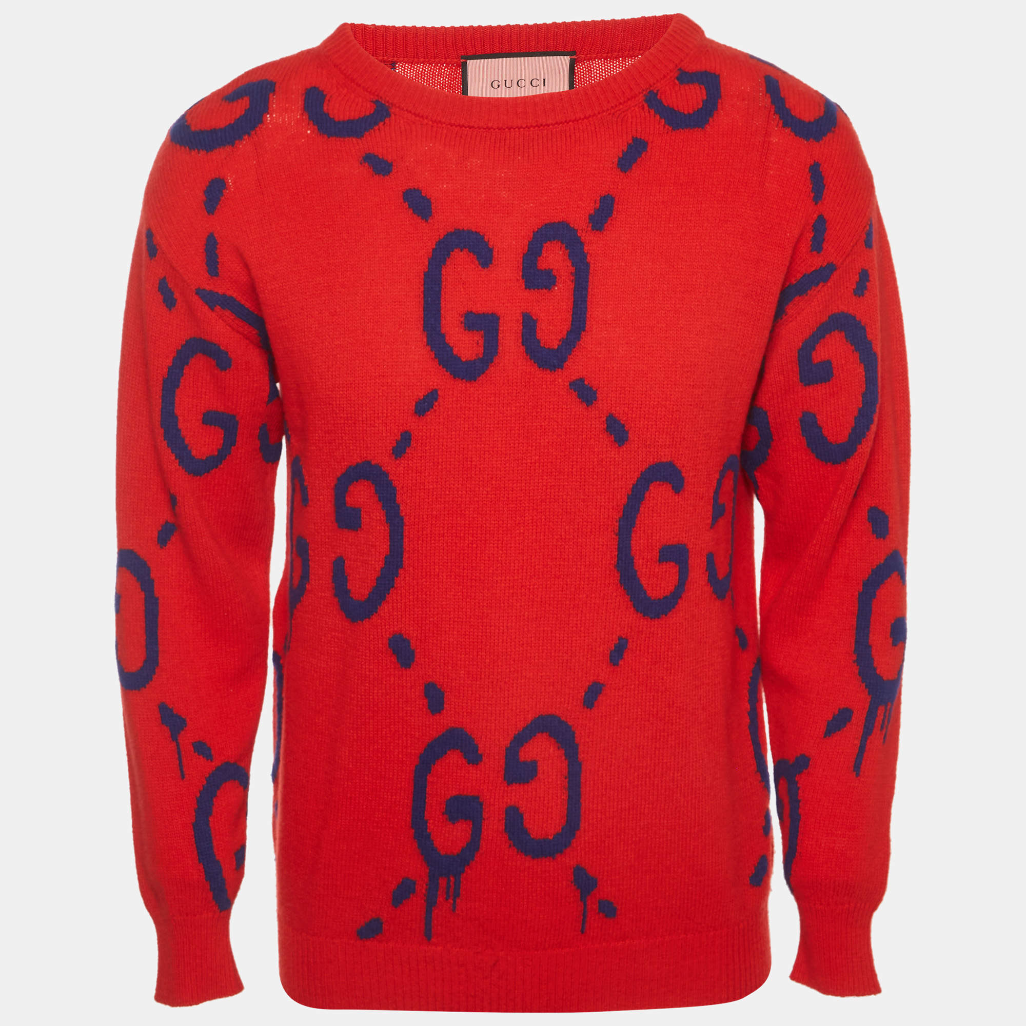Pre Owned Gucci Red/Blue GG Monogram Knit Long Sleeve Jumper XS
