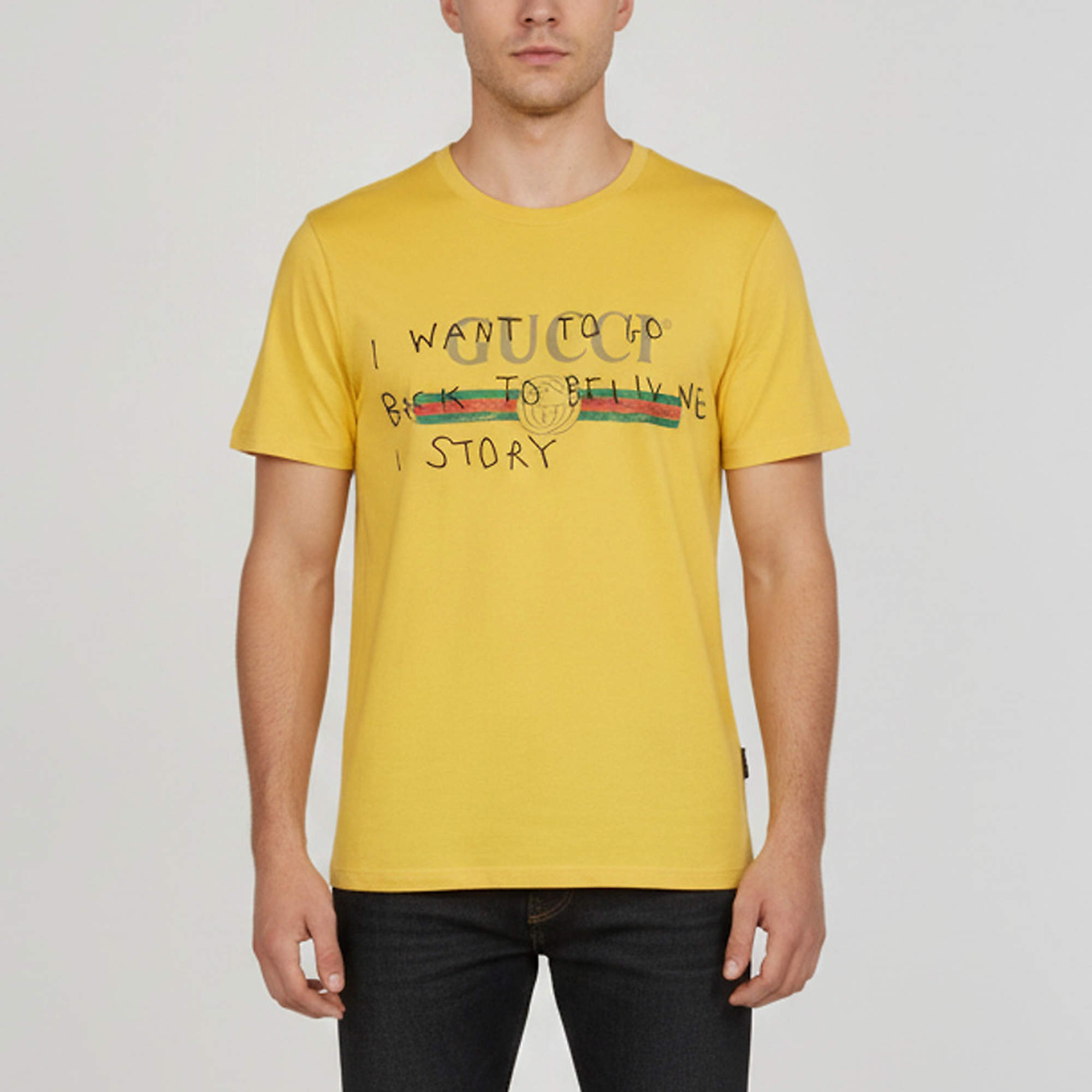 Pre Owned Gucci Yellow Cotton I Want To Go Back To Telling a Story Printed Jersey Distressed T-Shirt S
