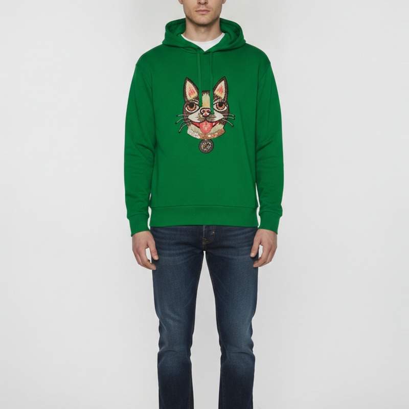 Pre Owned Gucci Green Cat Embroidery Jersey Drawstring Hoodie M 