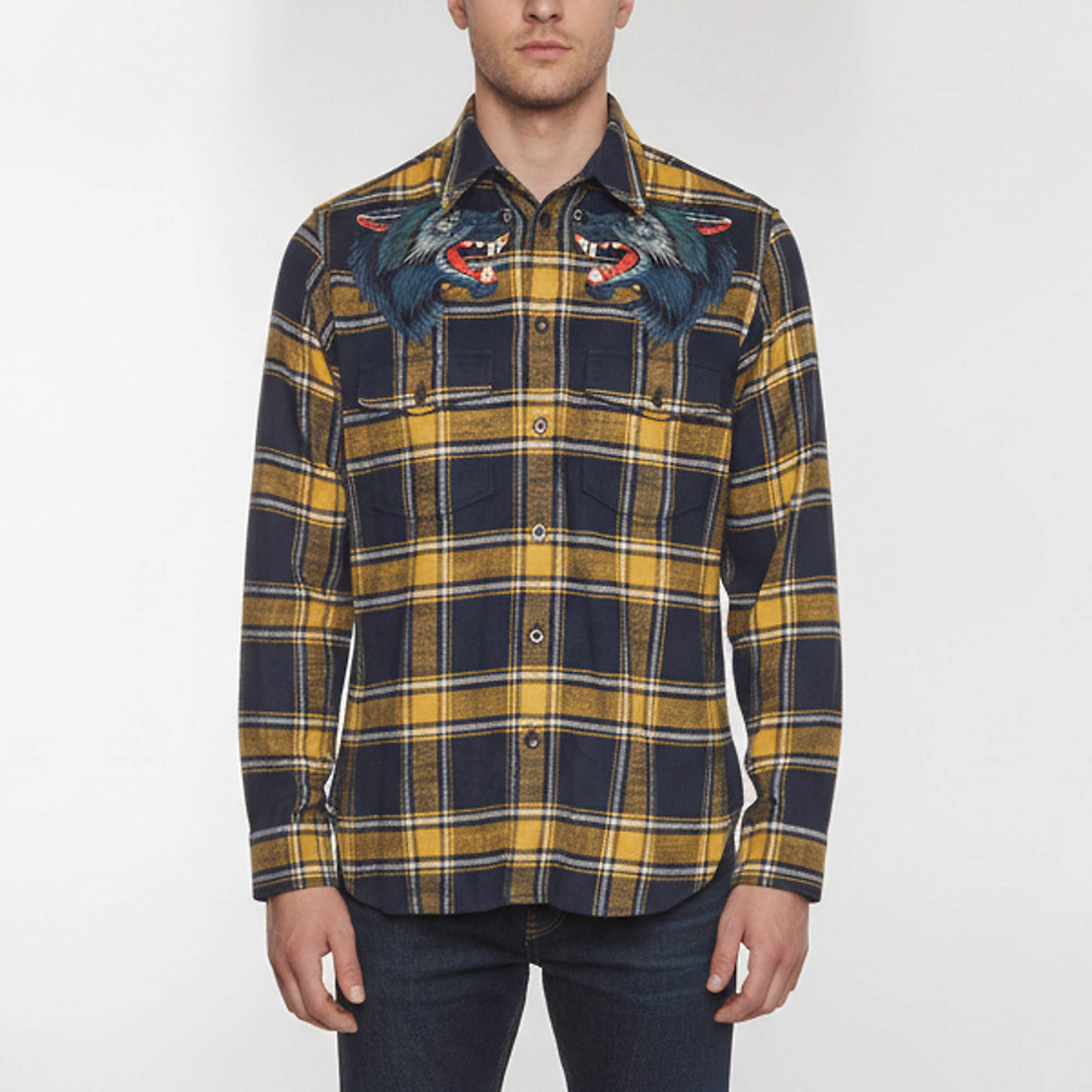 Pre Owned Gucci Blue/ Yellow Wolf Embroidery Plaid Wool Flannel Shirt XS