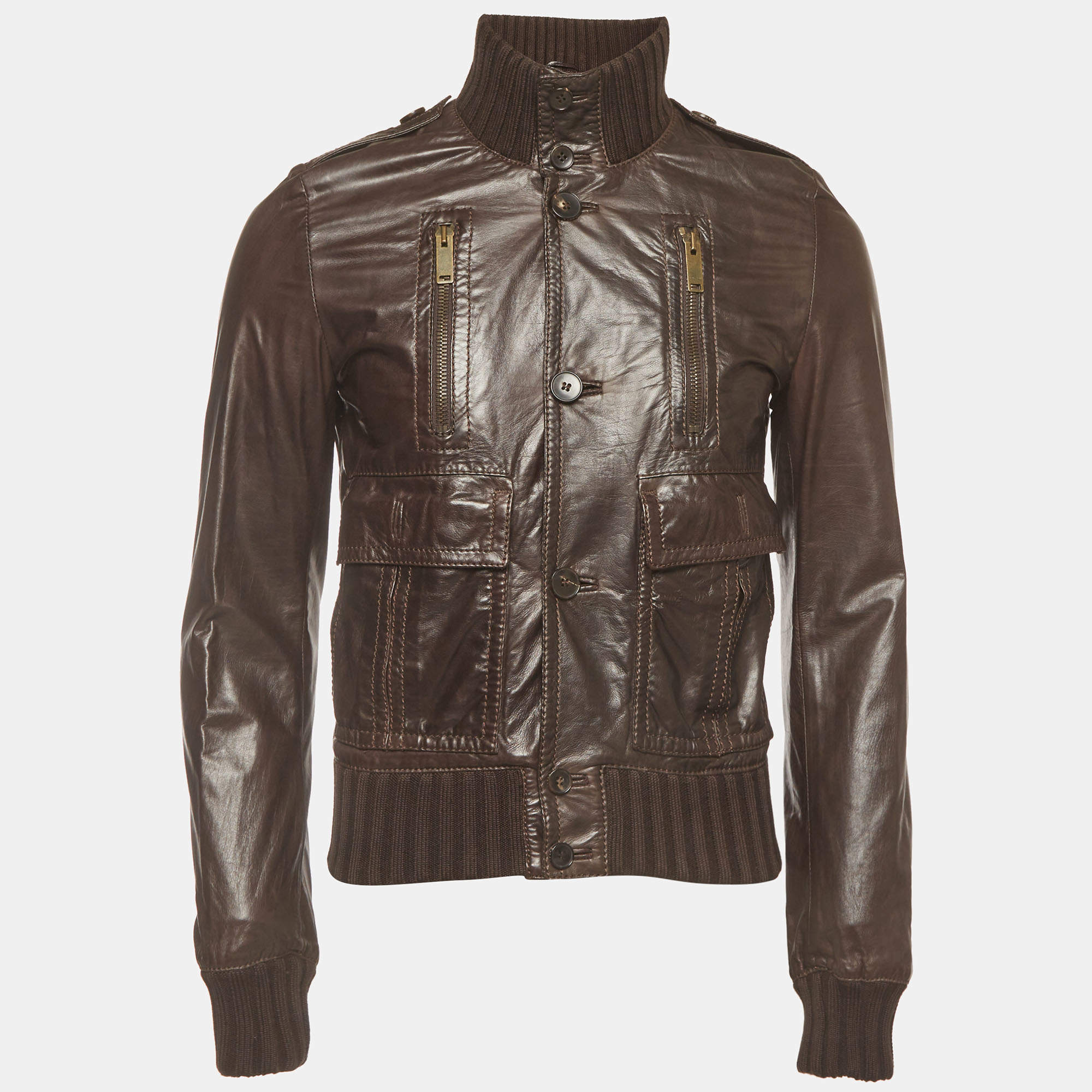 Pre Owned Gucci Brown Leather Button Front Madonna Bomber Jacket M 