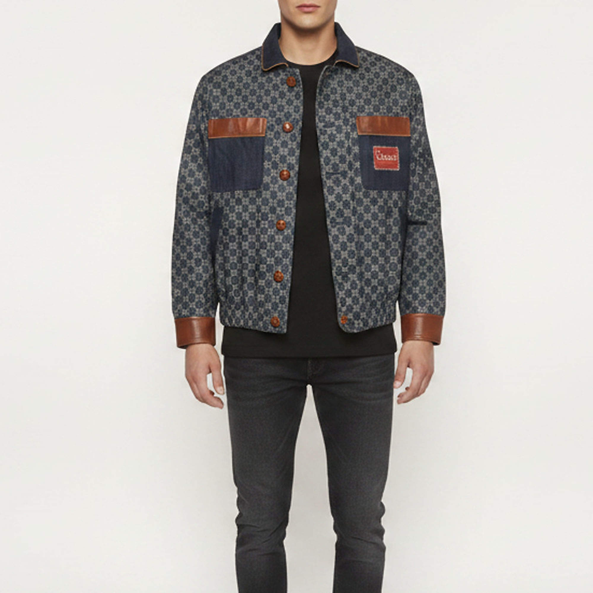 Pre Owned Gucci Blue GG Jacquard Denim Leather Trim Bomber Jacket M