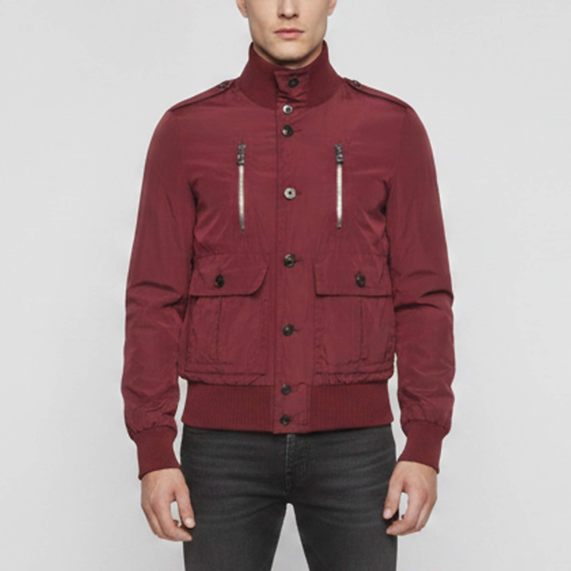 Pre Owned Gucci Burgundy Nylon Web Stripe Bomber Jacket XS