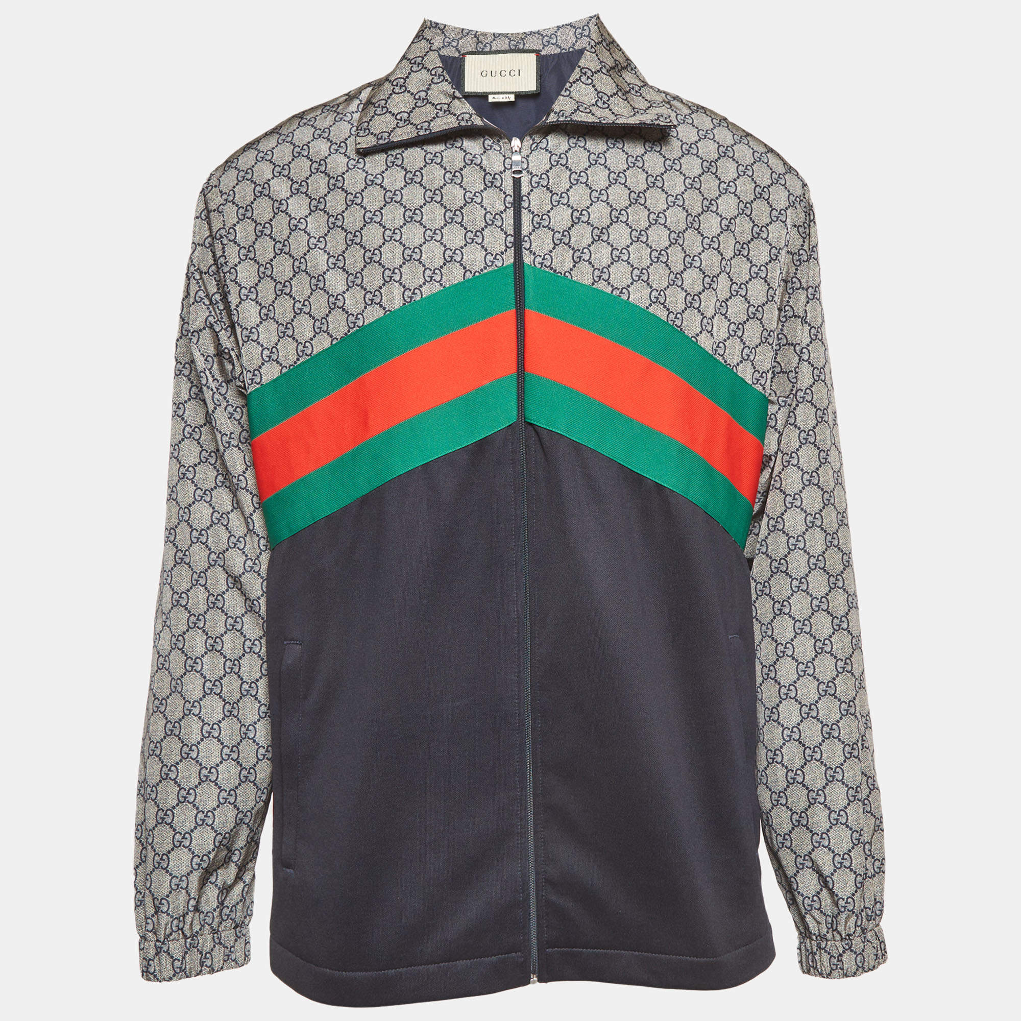 Pre Owned Gucci Multicolor Nylon GG Supreme Web Stripe Zip Up Jacket M 