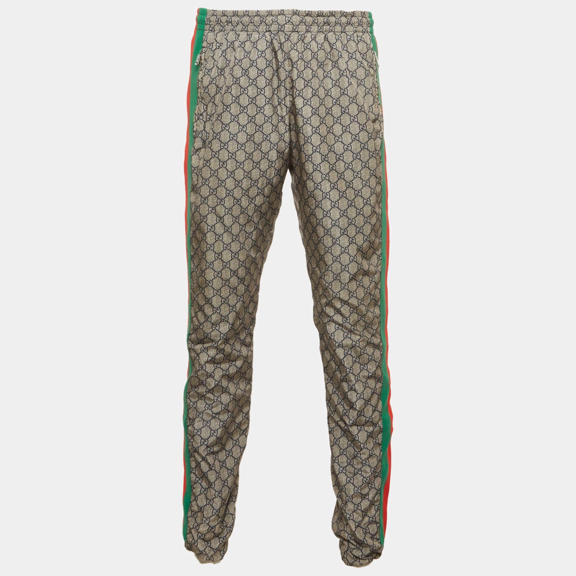 Pre Owned Gucci Grey Synthetic GG Supreme Web Stripe Print Sweat Pants L 