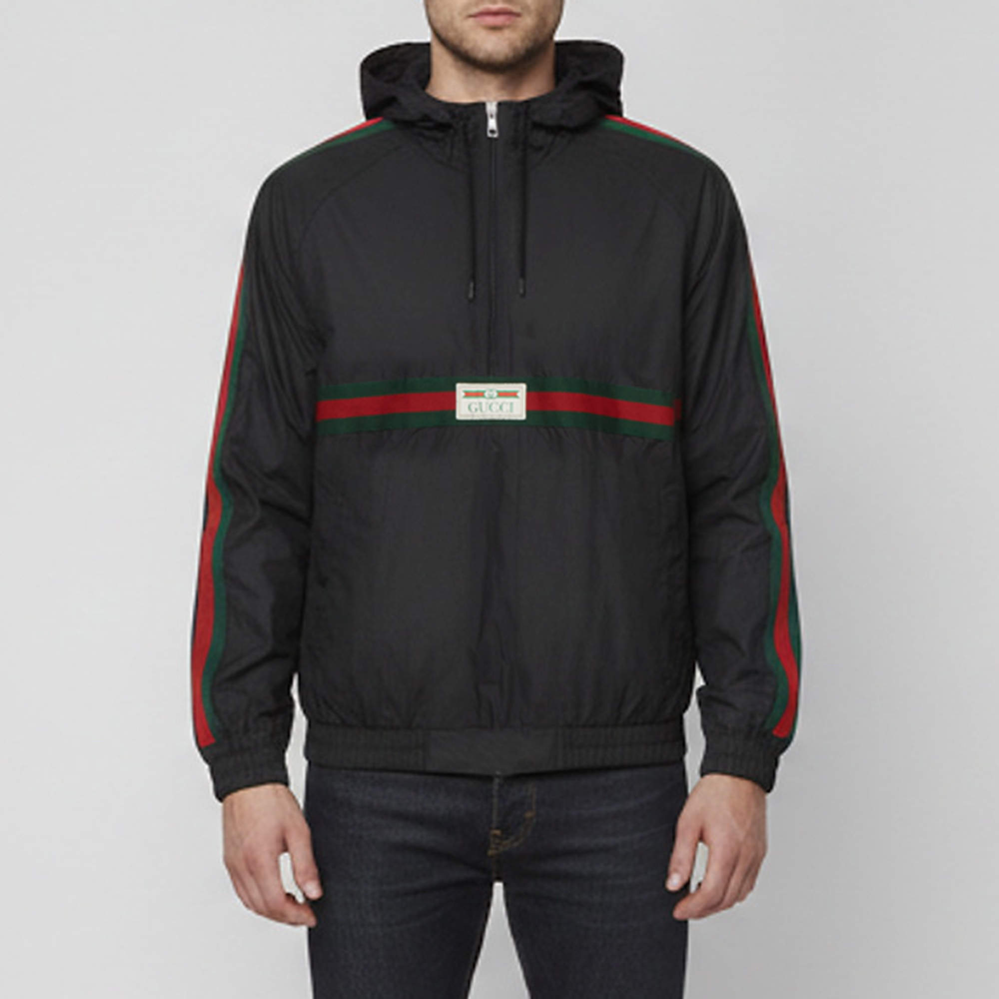 Pre Owned Gucci Black Cotton Web Stripe Drawstring Windbreaker Hoodie XL 