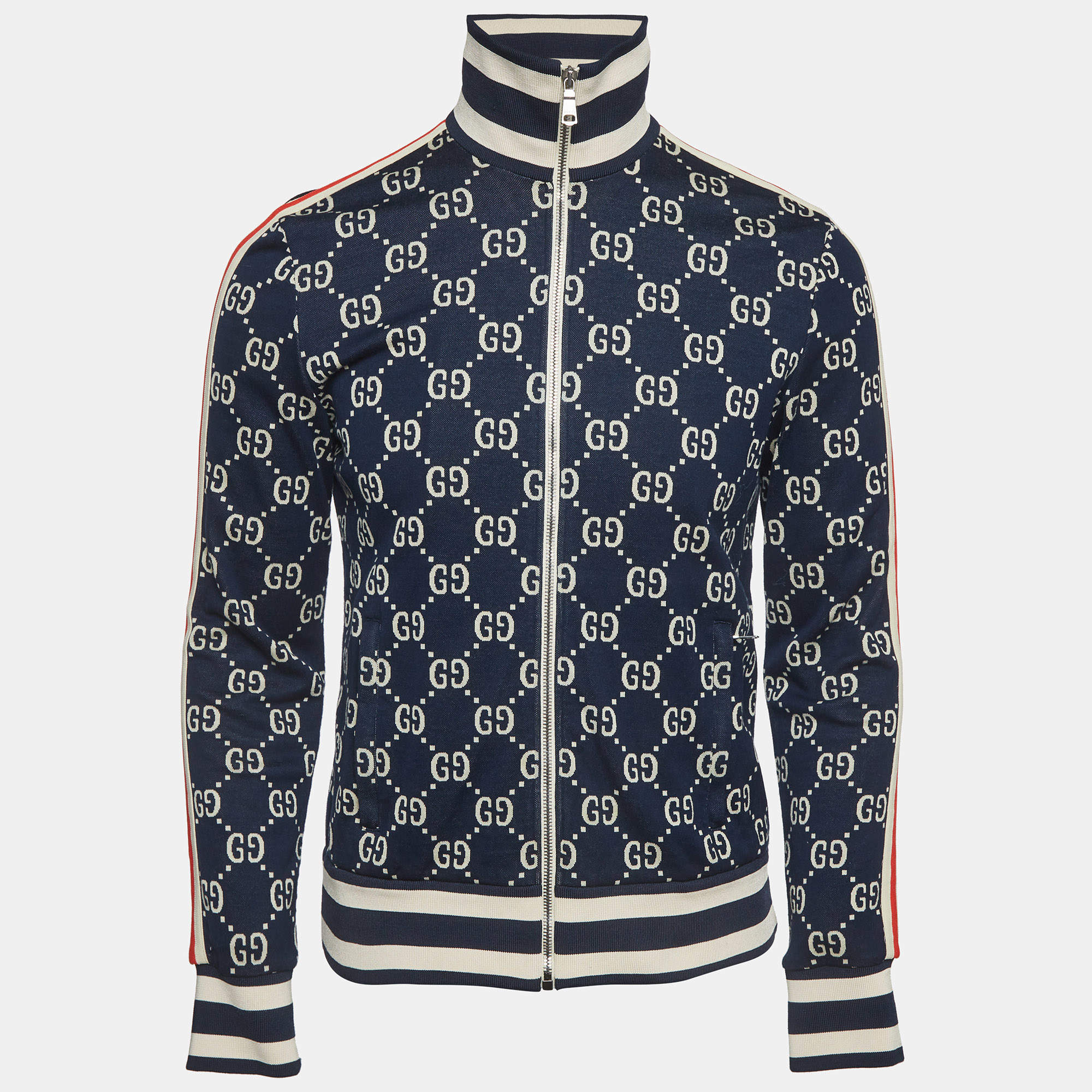 Pre Owned Gucci Navy Blue Monogram Jacquard Knit Track Jacket M
