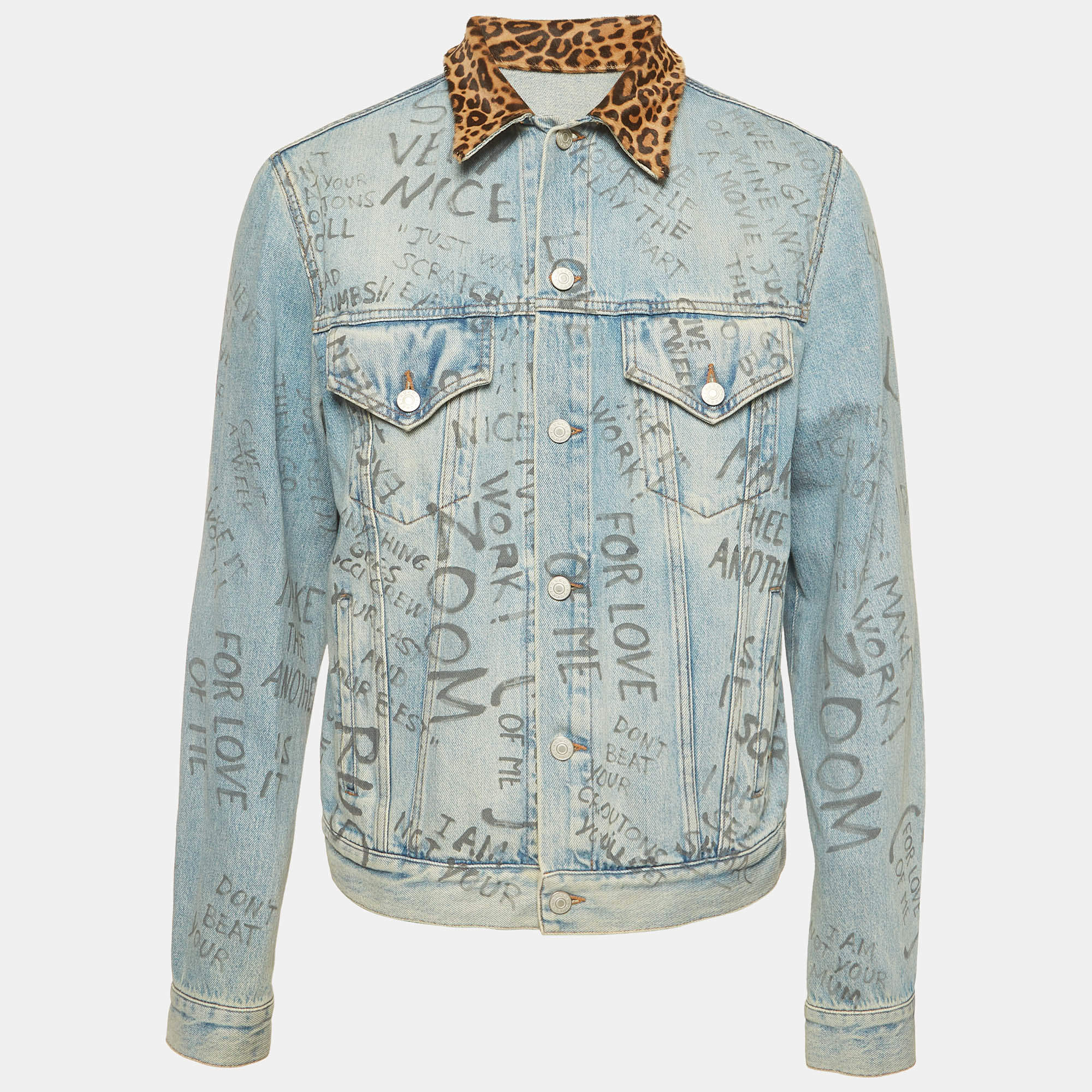 Pre Owned Gucci Blue Scribble Writing Leopard-Collared Denim Jacket L