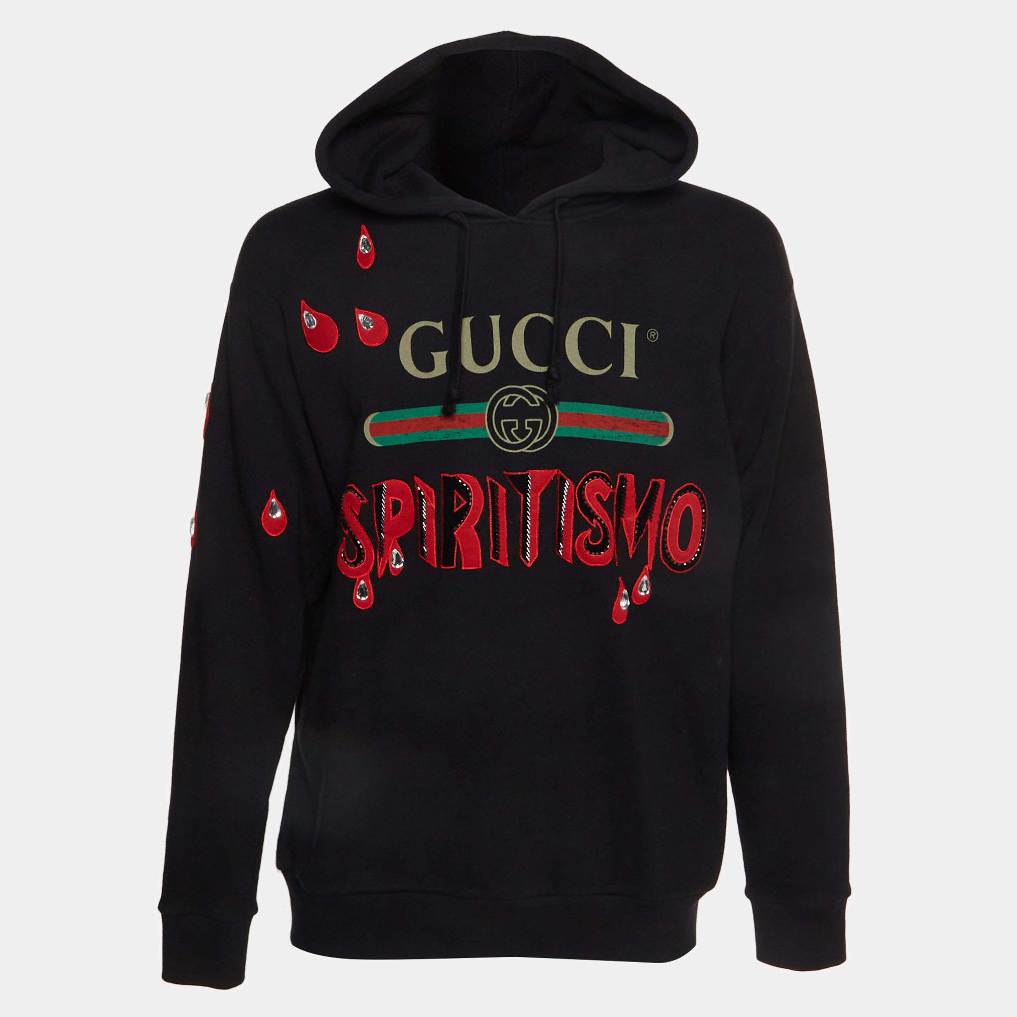Pre Owned Gucci Black Spiritismo Logo Embellished Cotton Hoodie M
