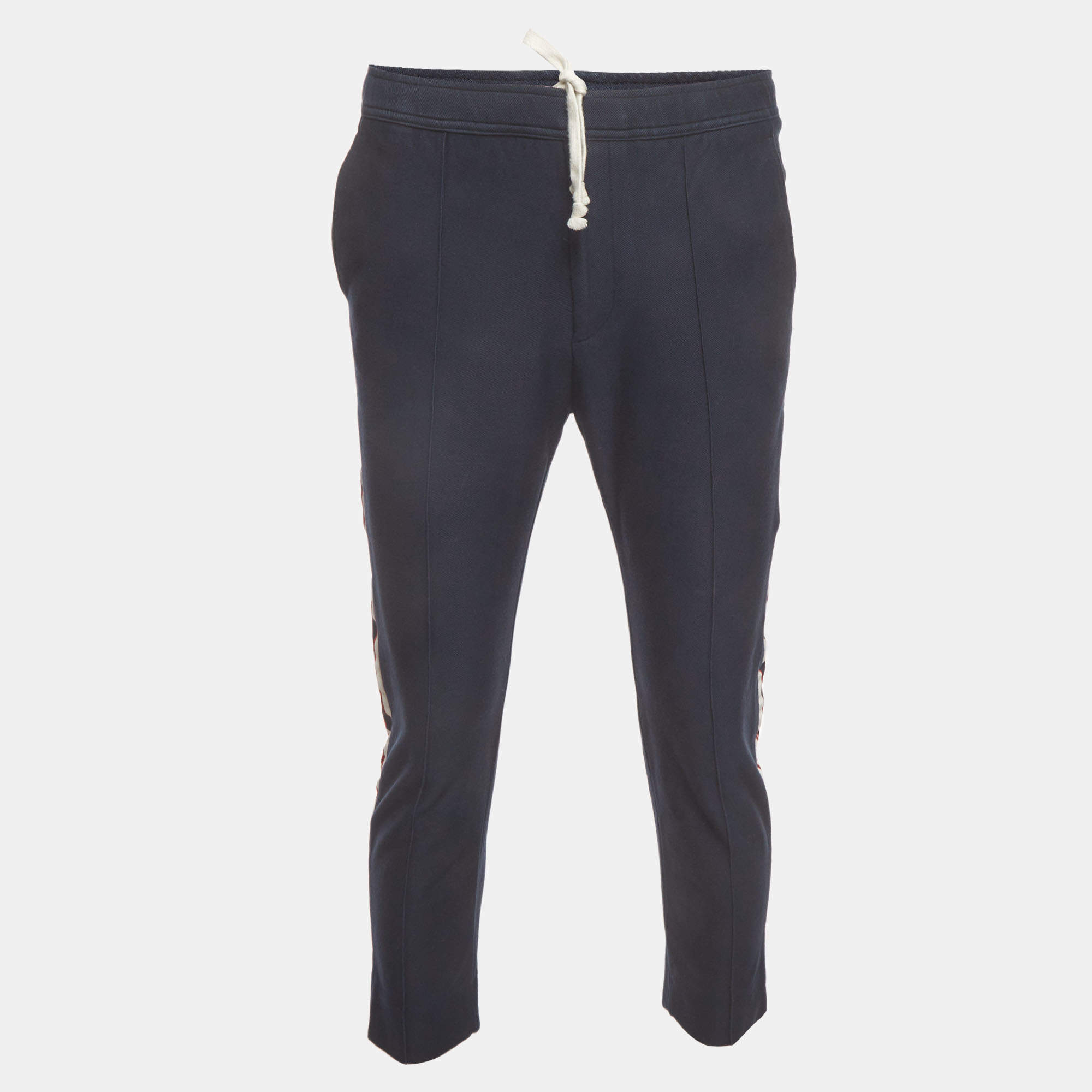 Pre Owned Gucci Navy Blue Logo Striped Cotton Knit Sweatpants XS