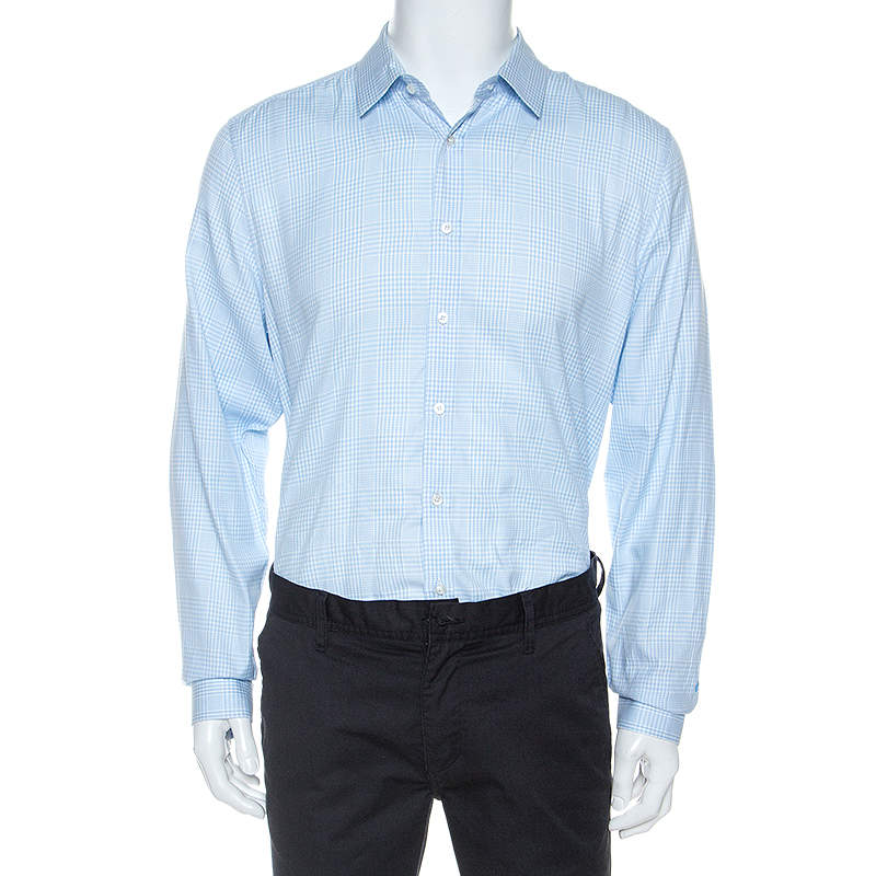 Gucci White And Blue Checked Cotton Button Front Slim Fit Shirt XL ...