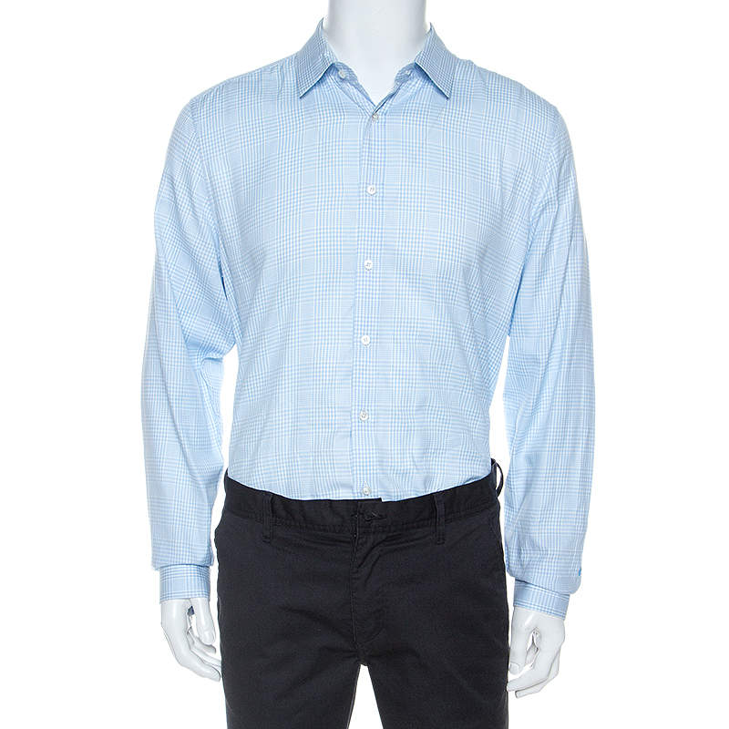 Gucci White And Blue Checked Cotton Button Front Slim Fit Shirt XL