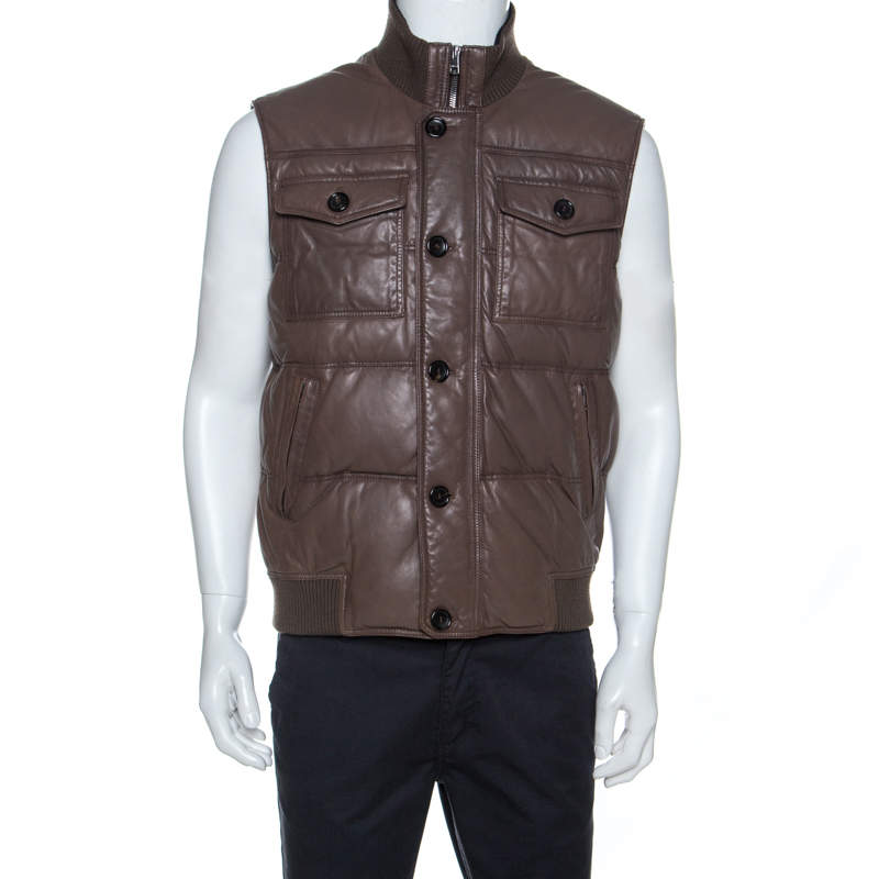 Gucci Brown Leather Quilted Bomber Jacket M