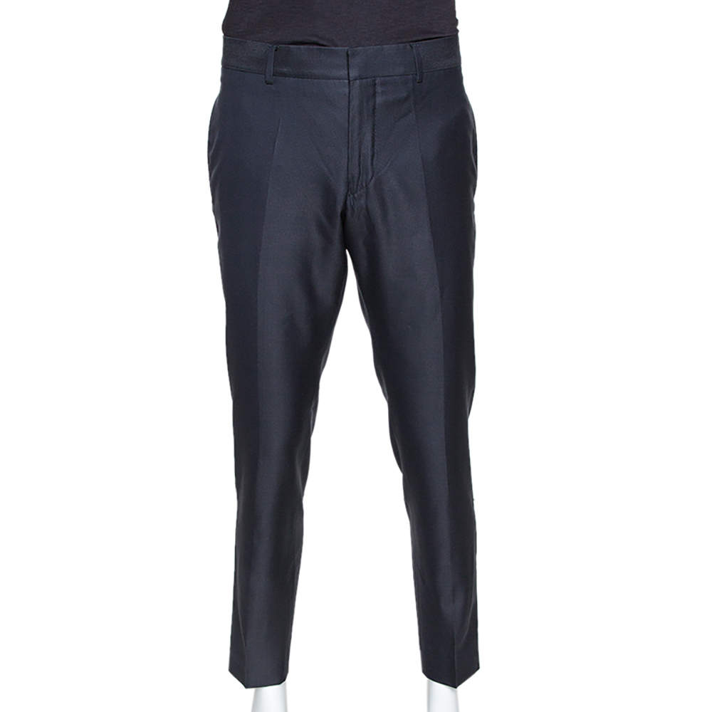 Gucci Navy Blue Textured Silk Wool Tailored Pants XL