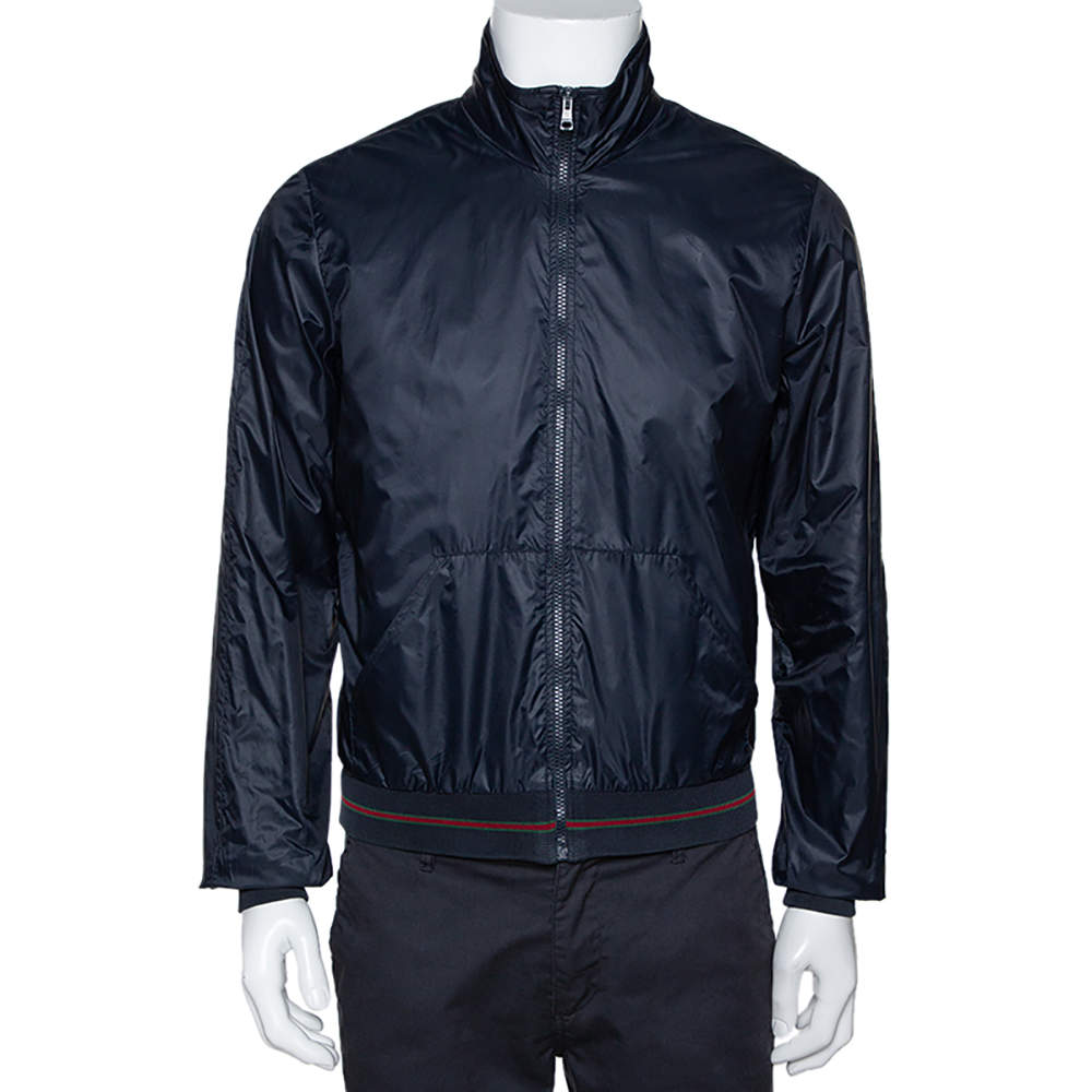 Gucci Navy Blue Nylon Zip Front Bomber Jacket M