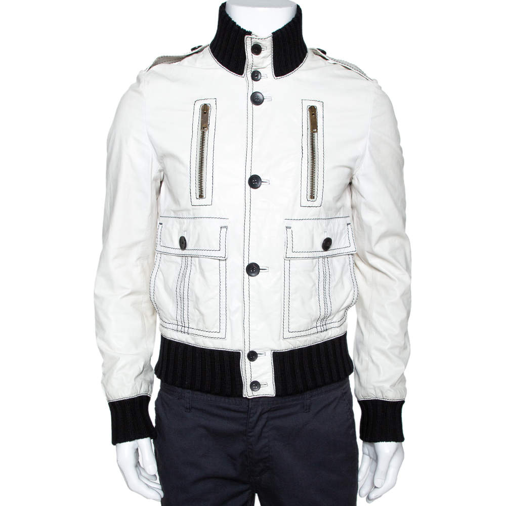 Leather Rib Knit Trim Bomber Jacket M Gucci TLC