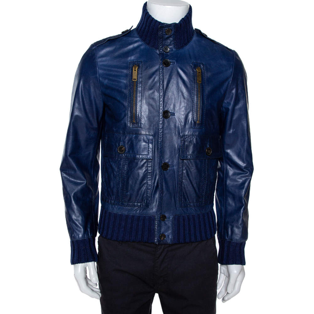 Gucci Midnight Blue Leather Rib Knit Trim Madonna Bomber Jacket S