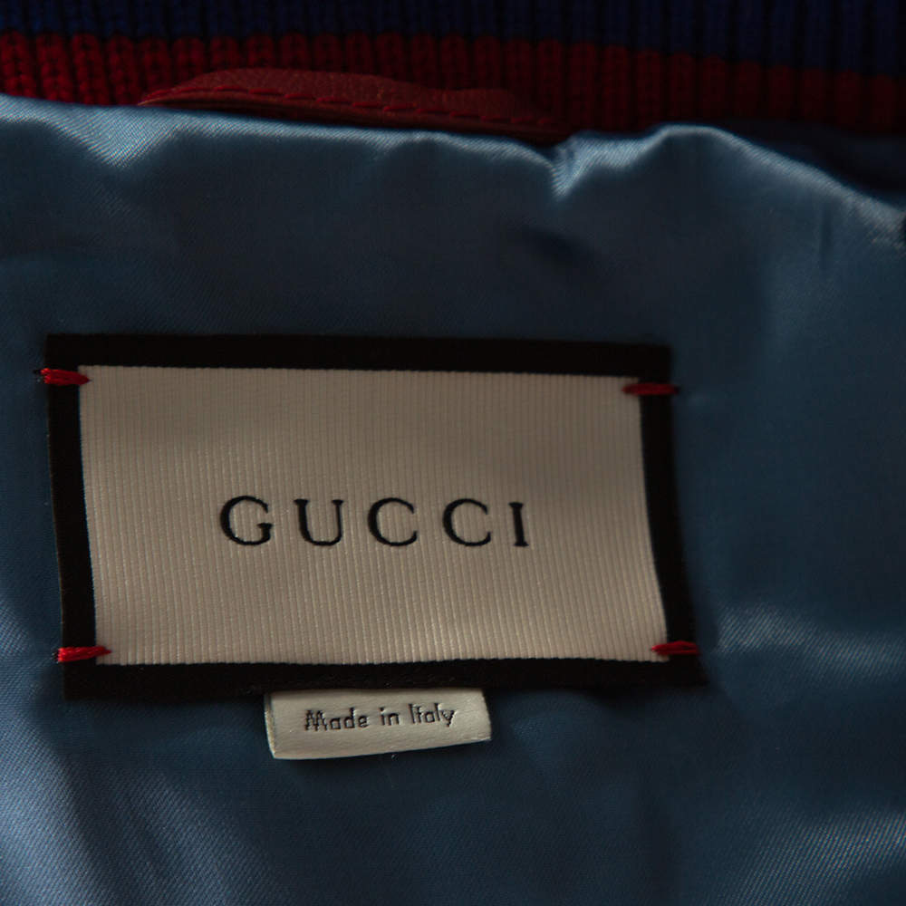 Gucci Burgundy Leather 'Blind for Love' Varsity Bomber Jacket L at