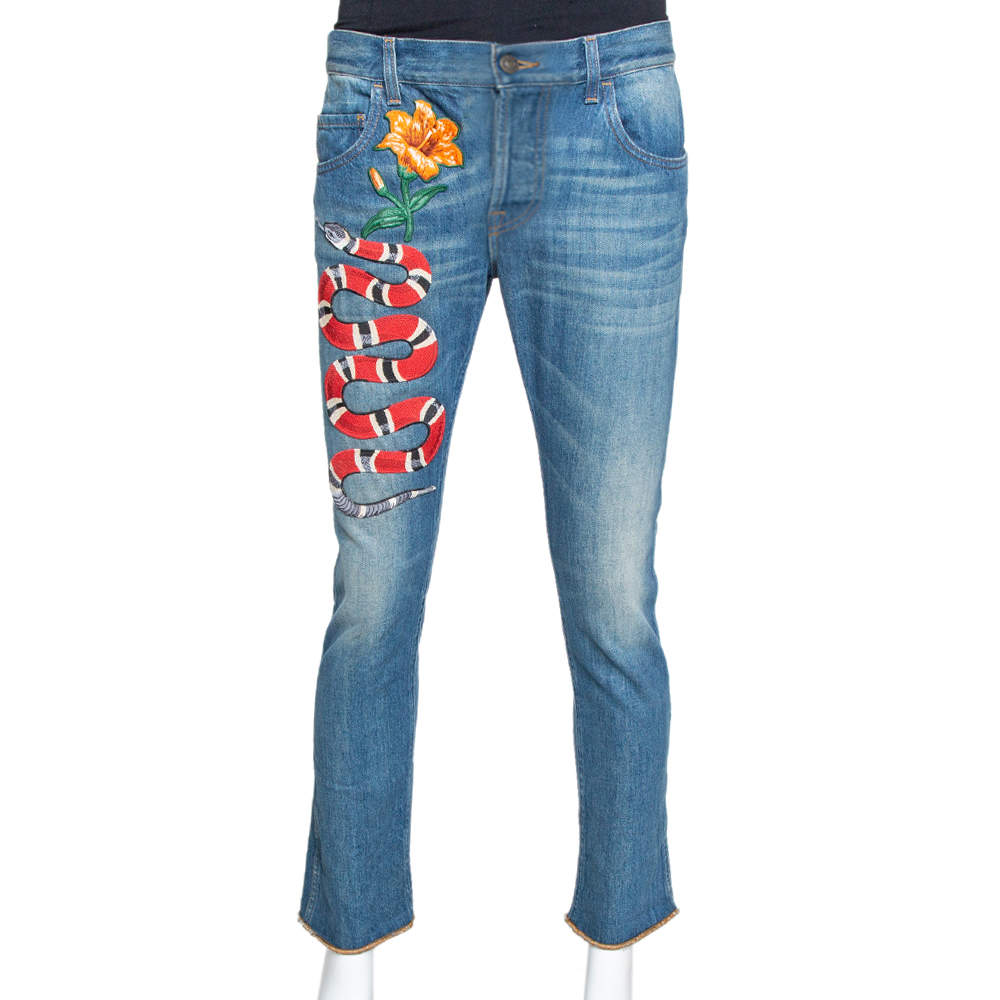 Gucci Blue Light Wash Denim Kingsnake Embroidered Skinny Jeans M 