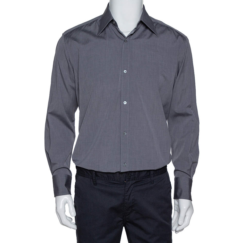Pre Owned Gucci Dark Grey Cotton Button Front Shirt M