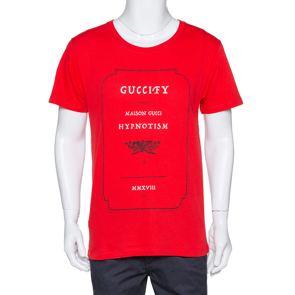 Gucci Red Cotton Guccify Logo Print Crew Neck T Shirt S