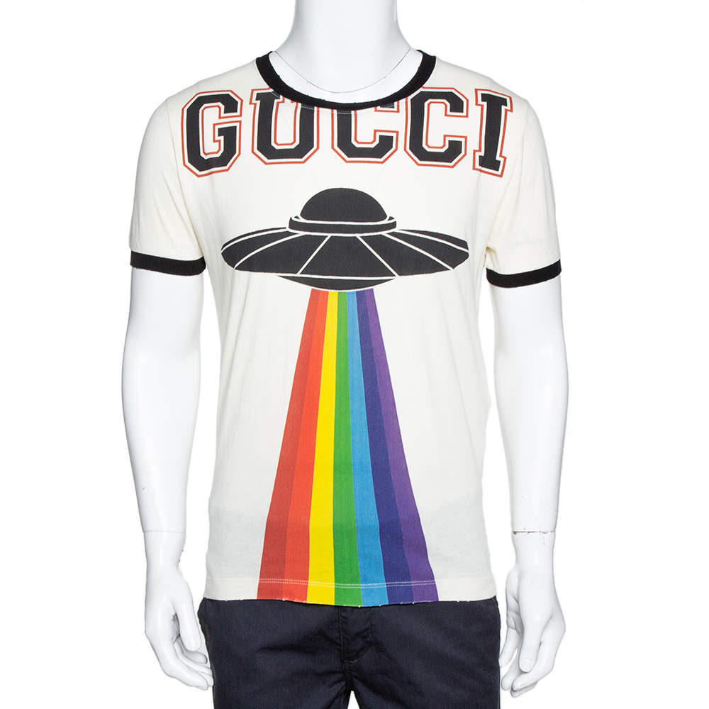 Gucci Cream Cotton Rainbow UFO Print Crew Neck T Shirt XS