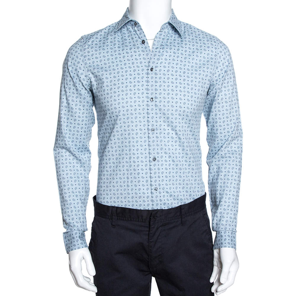Gucci Powder Blue Paisley & Dot Print Cotton Slim Fit Shirt XS