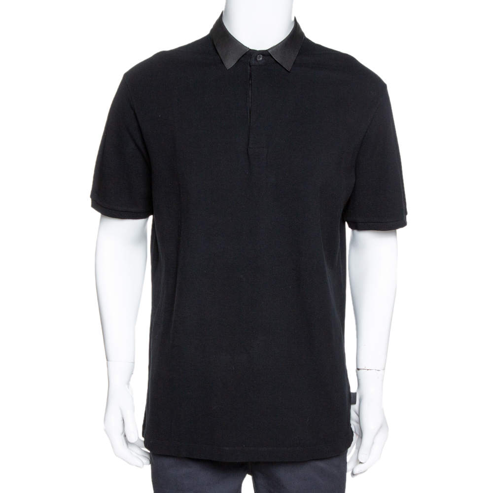 Gucci Black Cotton Pique Leather Collar Polo T-Shirt XXL