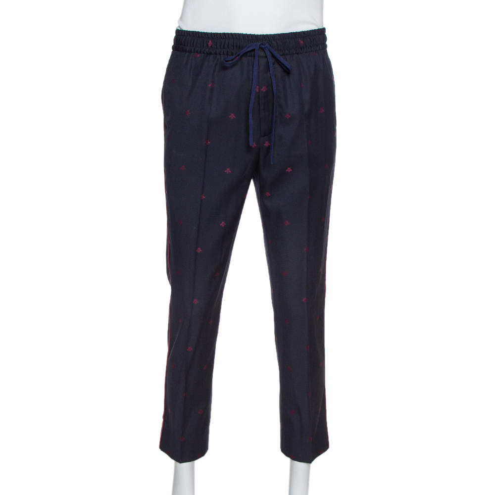 Pre Owned Gucci Navy Wool Gabardine Bees Embroidered Trousers S