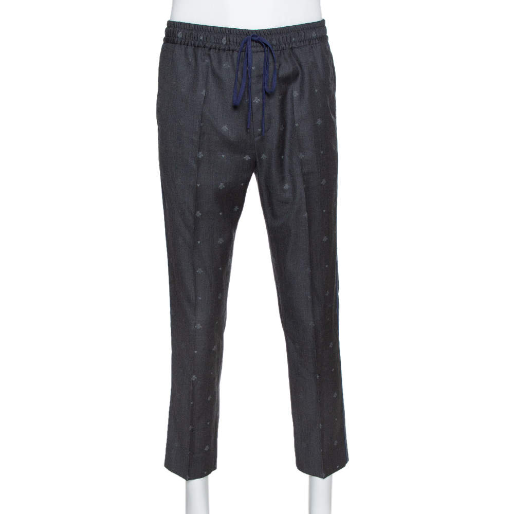 Gucci Grey Wool Bee & Heart Motif Drawstring Waist Trousers S