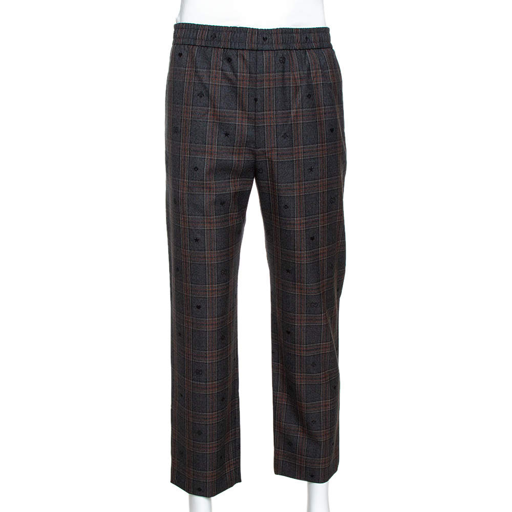 Gucci Grey Symbols Check Wool Elasticized Waist Pants L
