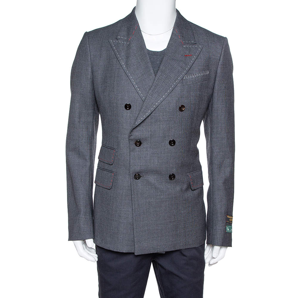 Pre Owned جاكيت غوتشي "نيو سيغنوريا" مزين غرز صوف رصاصي مقاس كبير جداً جداً (اكس اكس لارج)