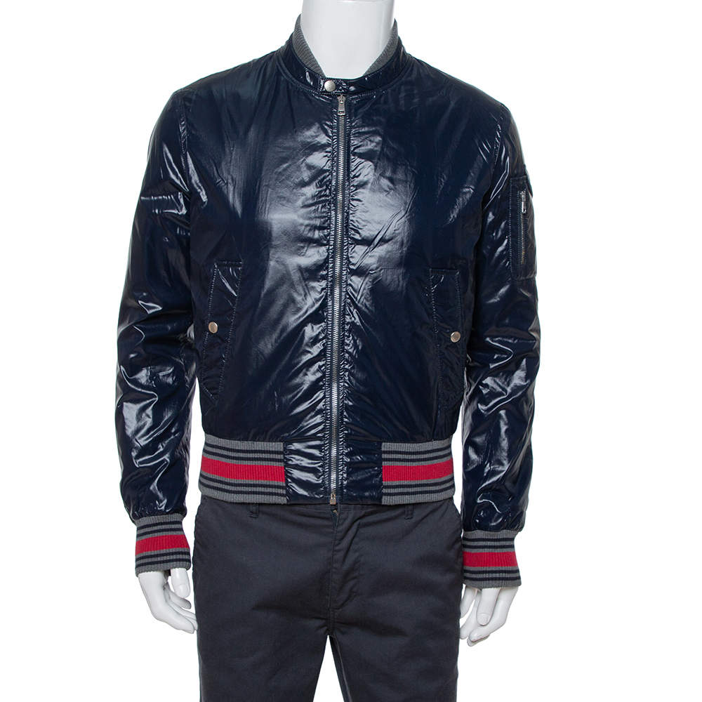 Pre Owned Gucci Navy Blue Zip Front Bomber Jacket S