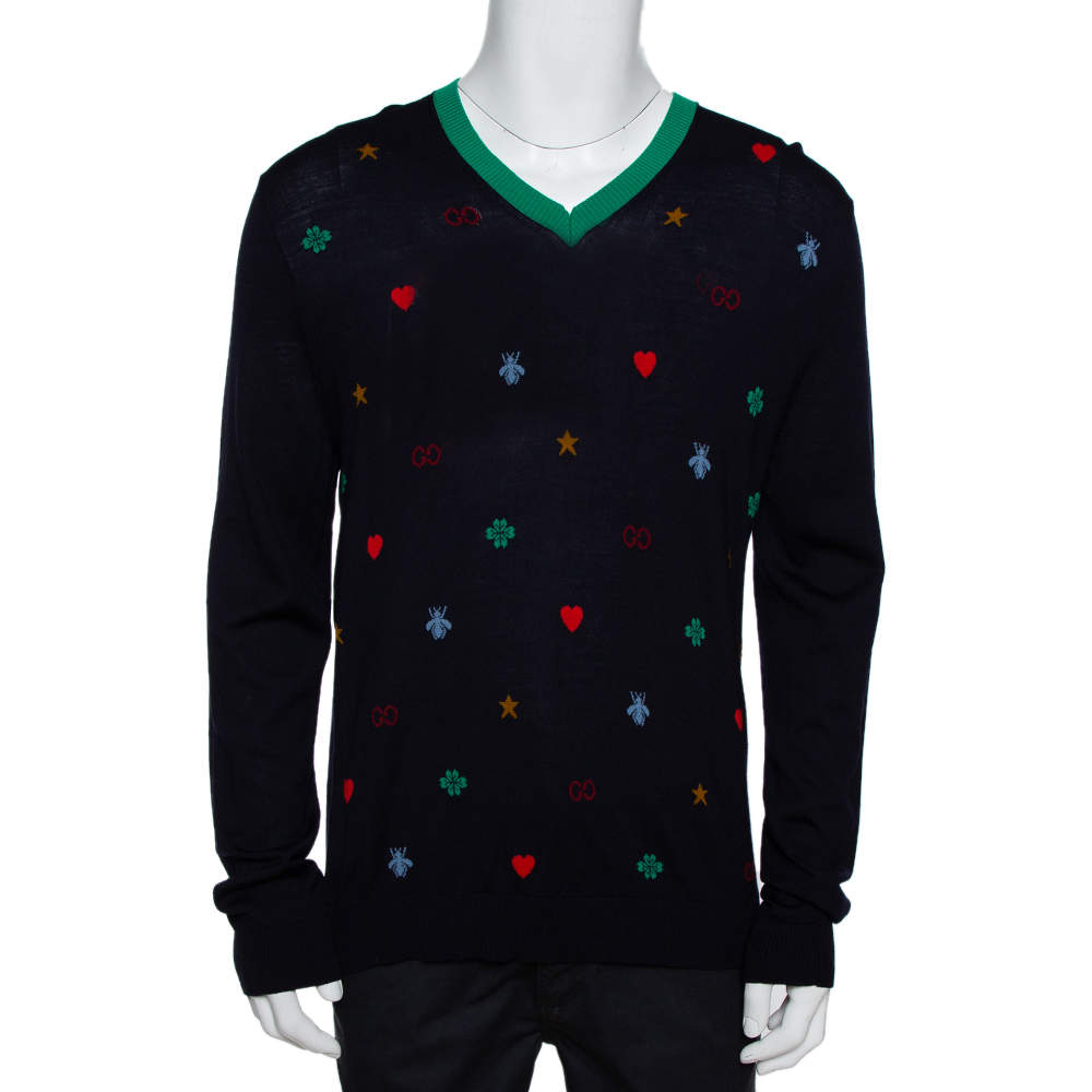 Gucci Navy Blue Wool Multi Motif V-Neck Jumper XL