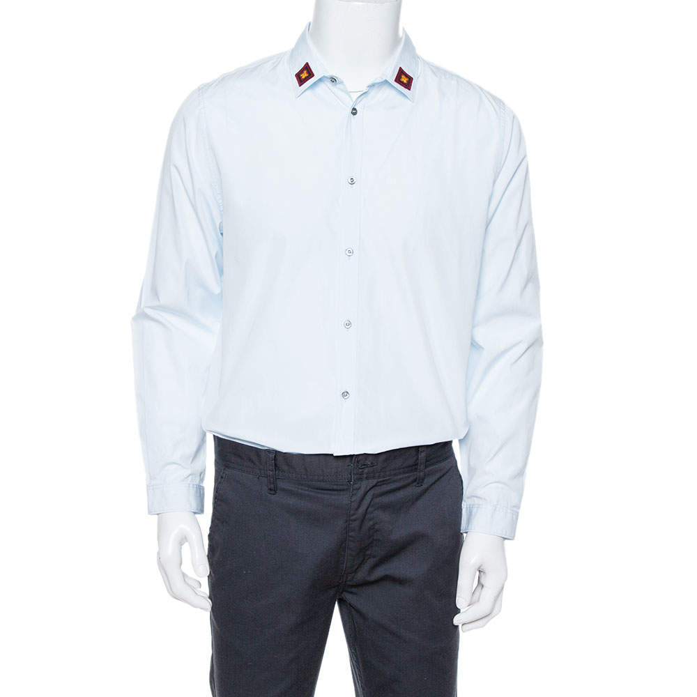 Gucci Light Blue Cotton Bee Appliqued Collar Slim Fit Shirt XL