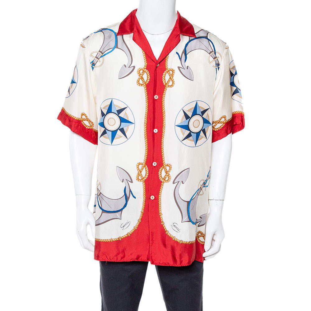 مملوكة مسبقًا قميص غوتشي بولينغ واسع حرير مطبوع نوتيكال كريمي مقاس وسط (ميديوم)