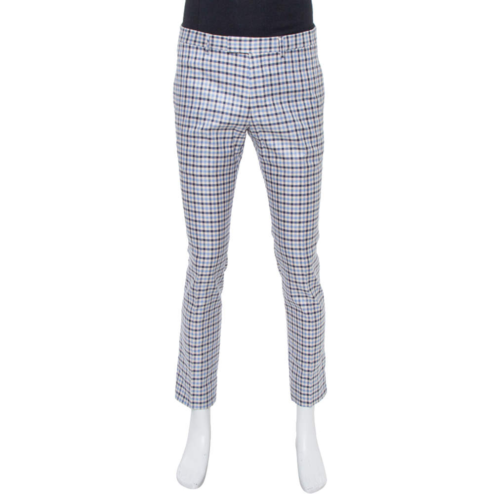 Pre Owned Gucci Blue Gingham Checked Cotton Tapered Trousers M