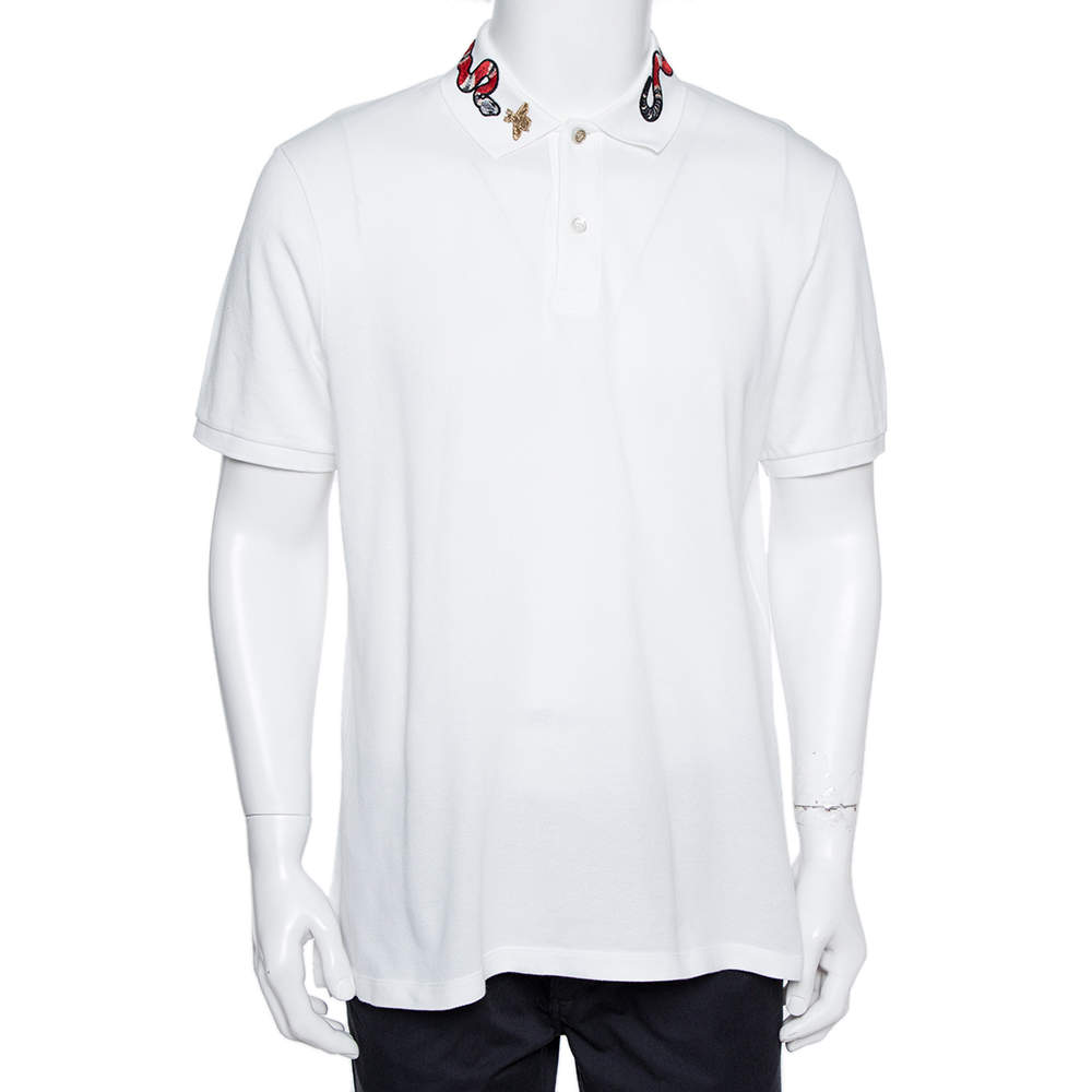 Gucci White Cotton Pique Snake Embroidered Collar Polo T-Shirt XXXL