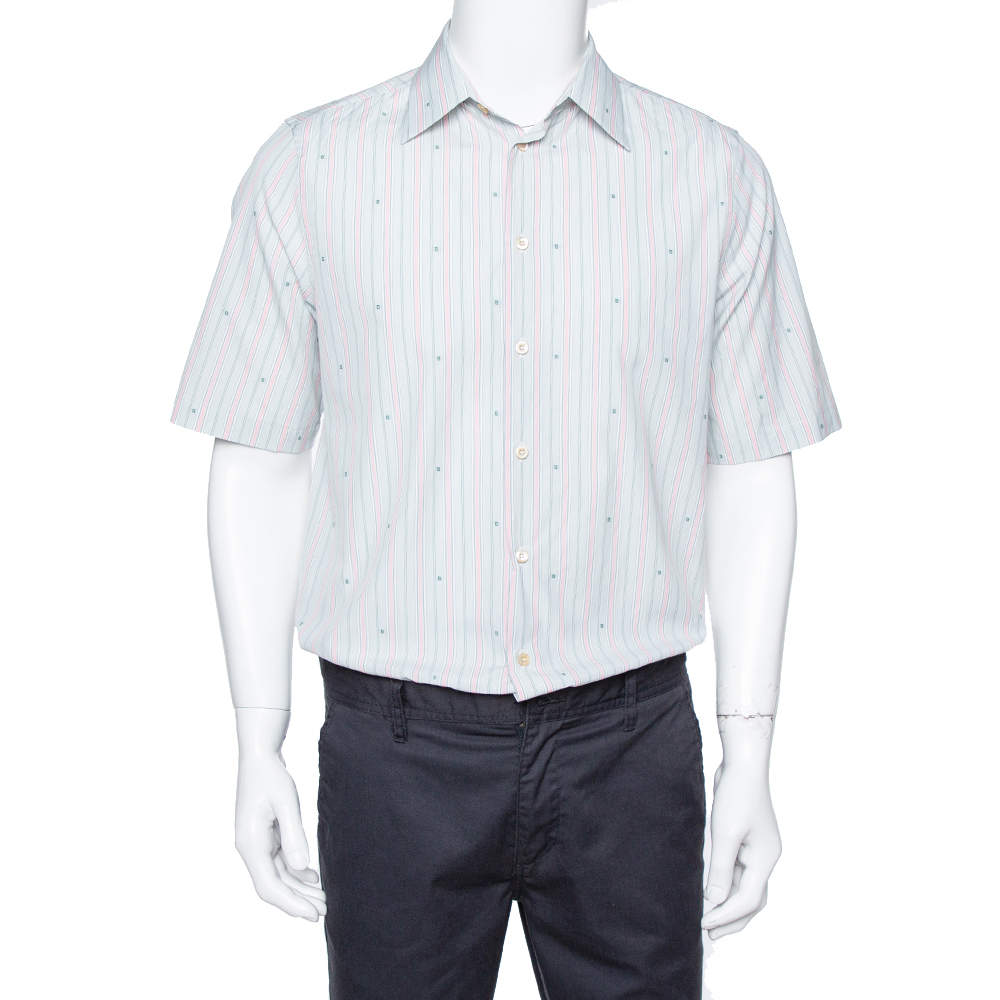 Gucci Pale Green Striped Cotton G Detail Short Sleeve Shirt M