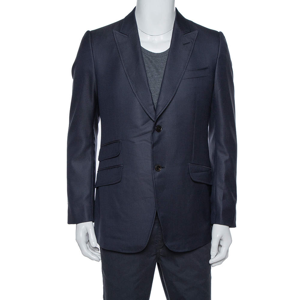 Gucci Navy Blue Textured Silk Wool Tailored Blazer XL