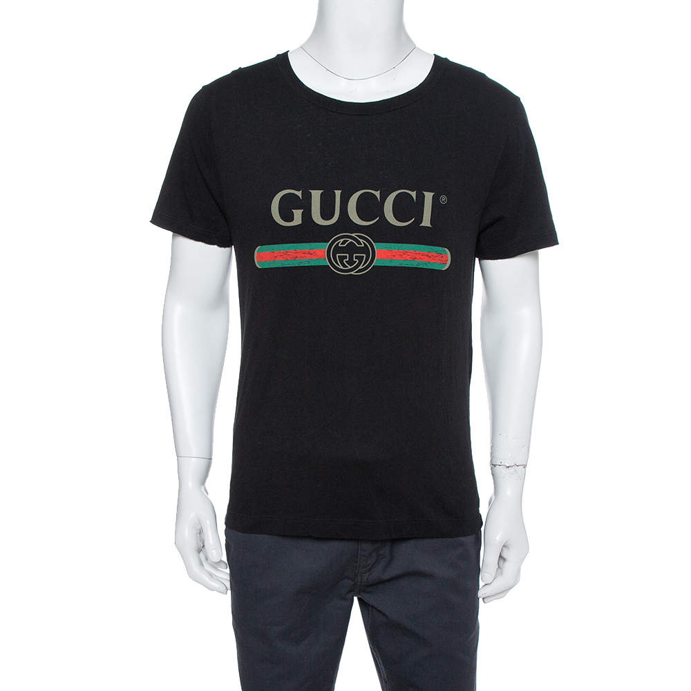 Gucci Black Logo Printed Cotton Distressed Crewneck T Shirt S