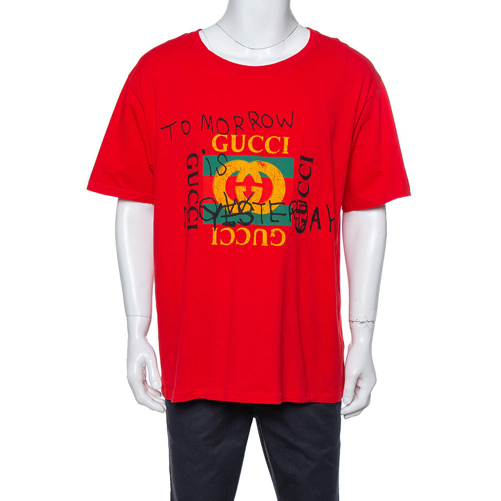 Gucci Red Cotton Tomorrow Is Now Yesterday Logo Printed Crewneck T Shirt 3XL