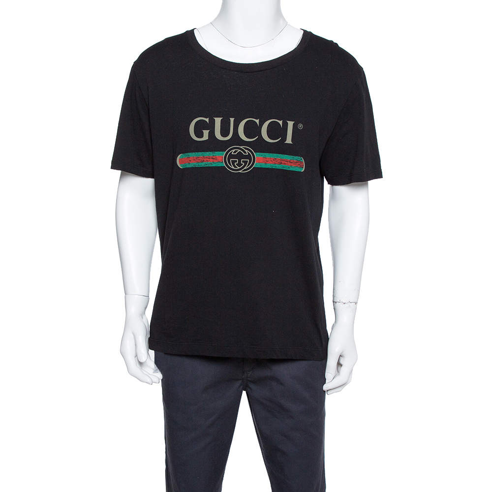 Pre Owned تي شيرت غوشتي رقبة مستديرة طباعة شعار نمط مغسول قطن أسود L