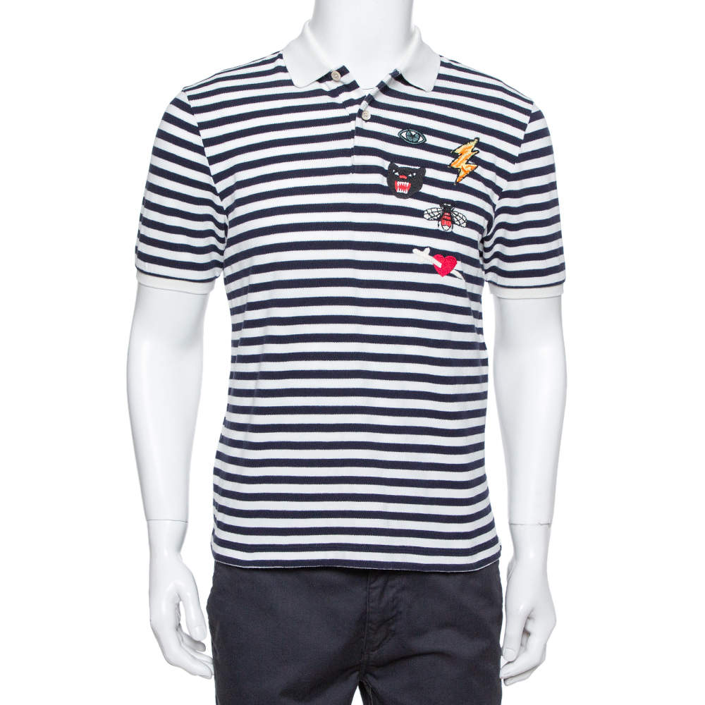 Gucci Navy Blue & White Striped Pique Knit Polo T Shirt L 