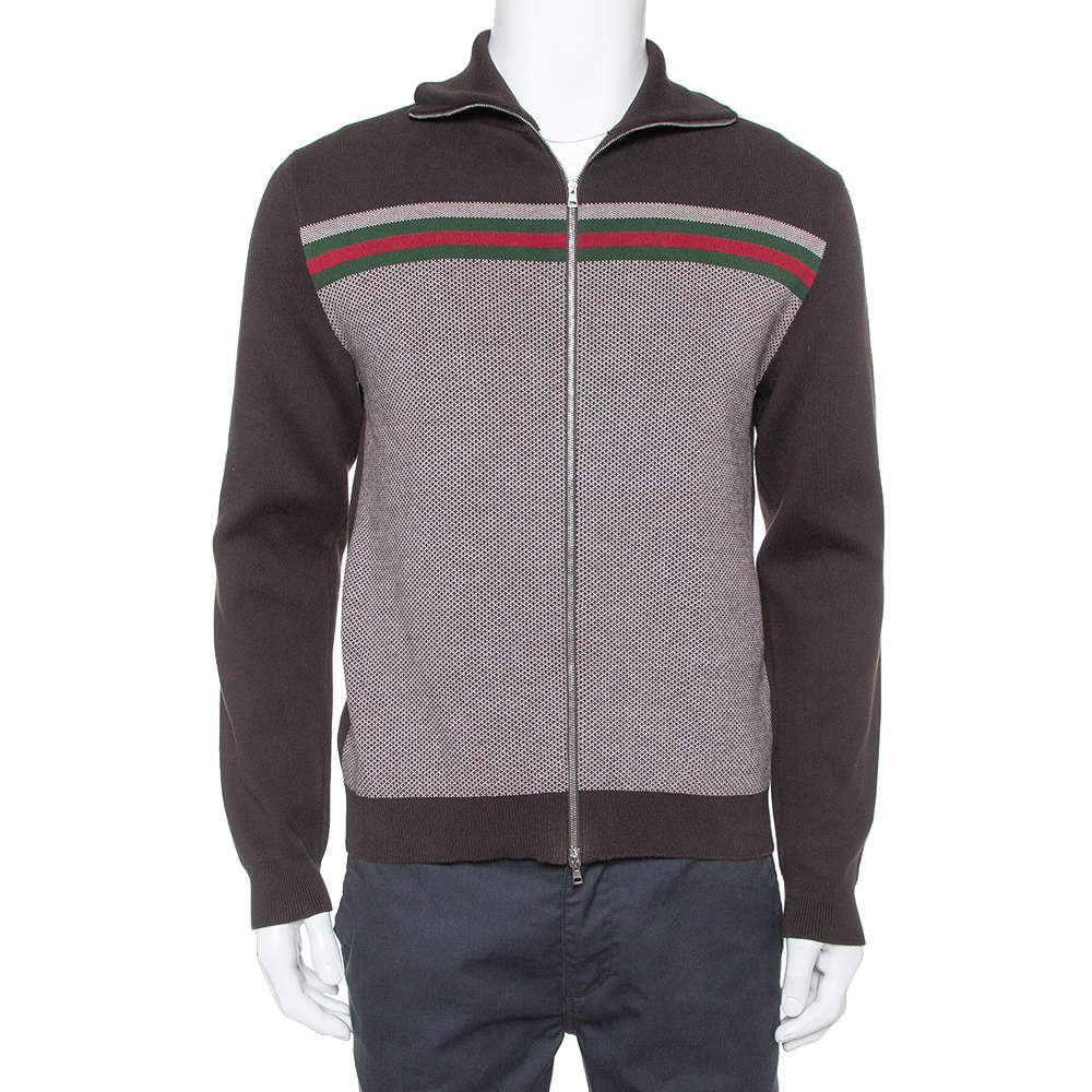 Gucci Brown Web Stripe Intarsia Knit Zipper Front Sweater M