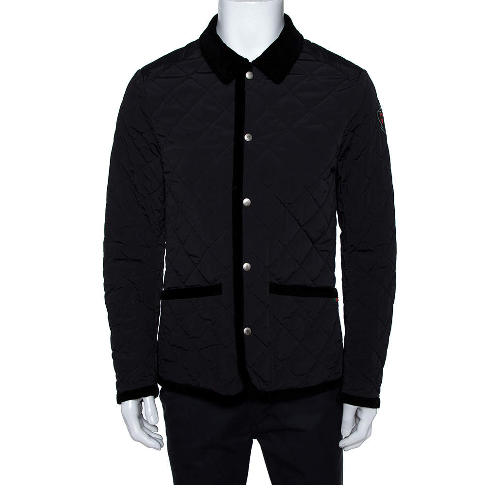 Gucci Equestrian Black Velvet Trim Detail Quilted Jacket M